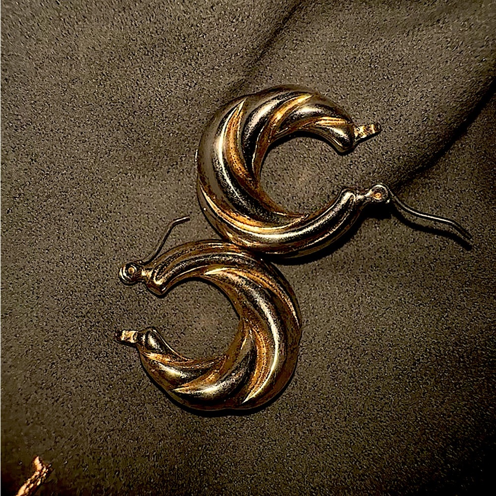 Vintage 925 Sterling Silver Twisted Gold  Puffed Out Hoop Earrings
